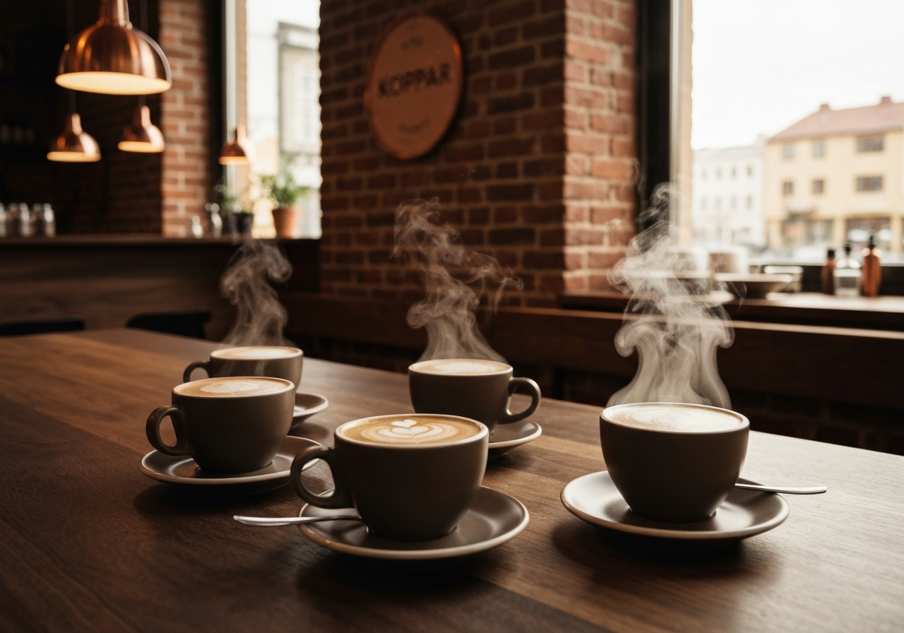 Kaffeprovning Coffee tasting session Multiple cups · wooden table · 4/3