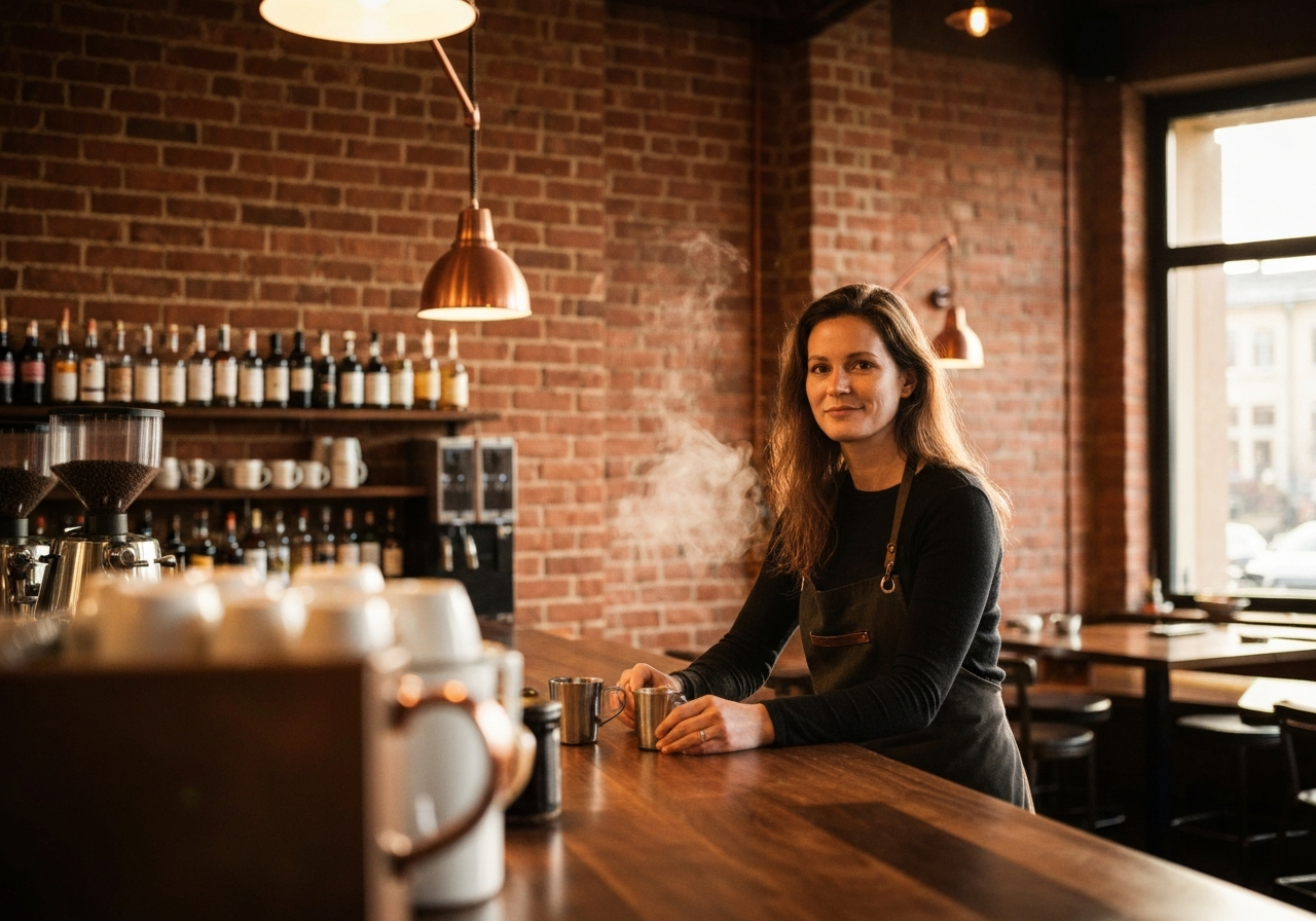Om oss — bild Lena at the bar Warm editorial portrait · 4/3