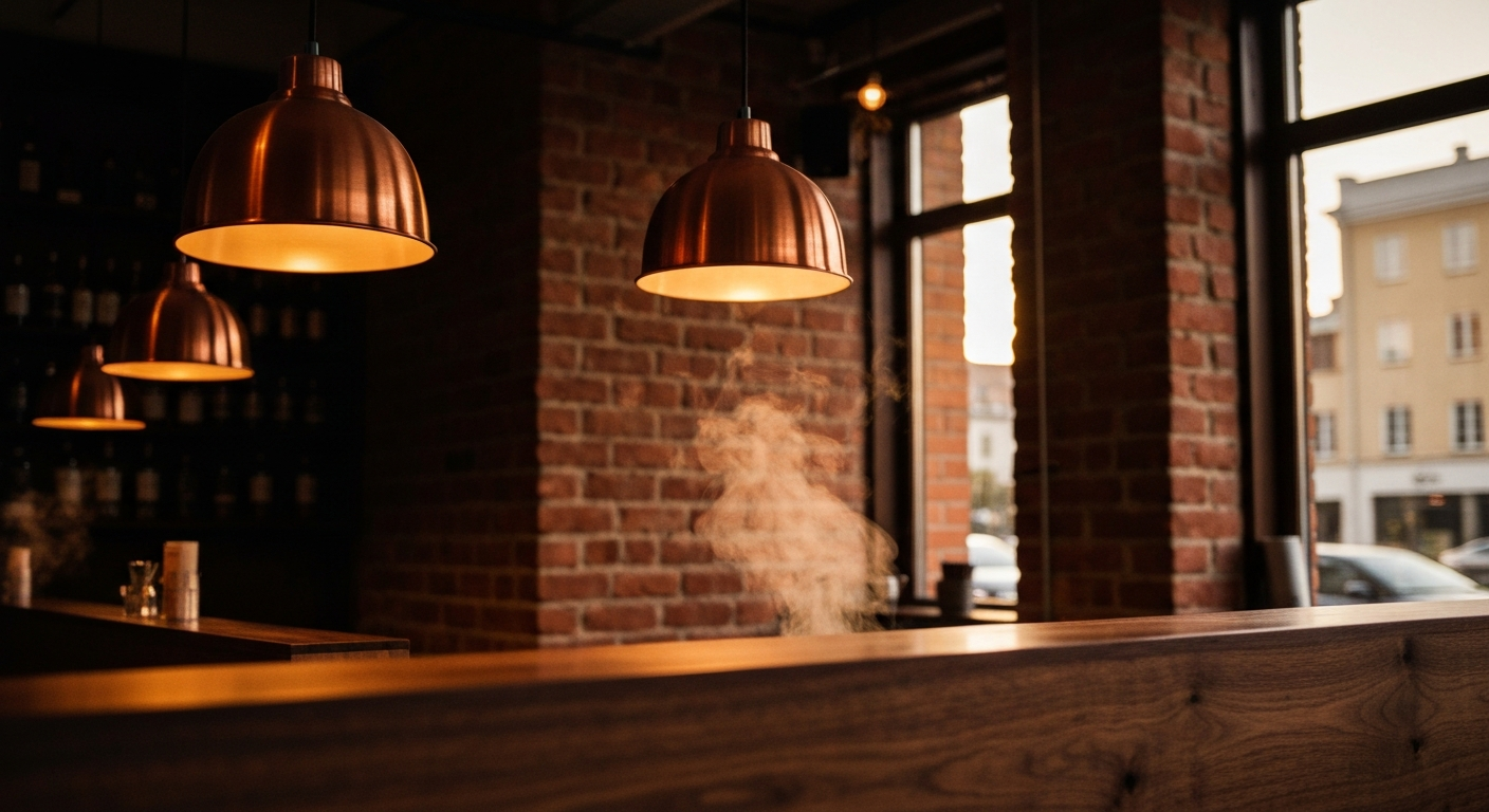 Editorial break Café interior at dusk Copper pendant lights · warm amber · 16/9 · 65vh
